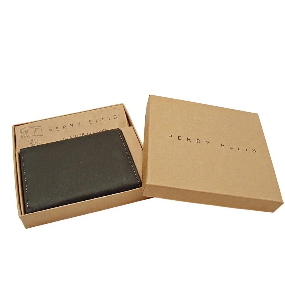 NEW Perry Ellis Brown Leather Billfold Wallet Interior Security Zipper Trifold